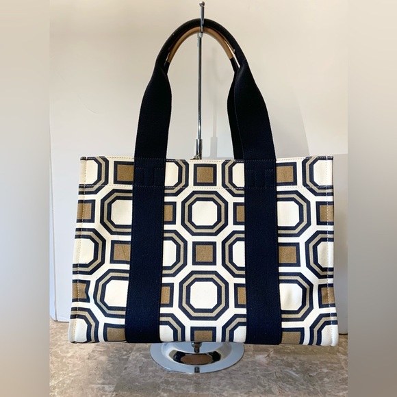 TORY BURCH Canvas and Leather Tote Bag Leather Logo Bag Charm EUC - Picture 2 of 16